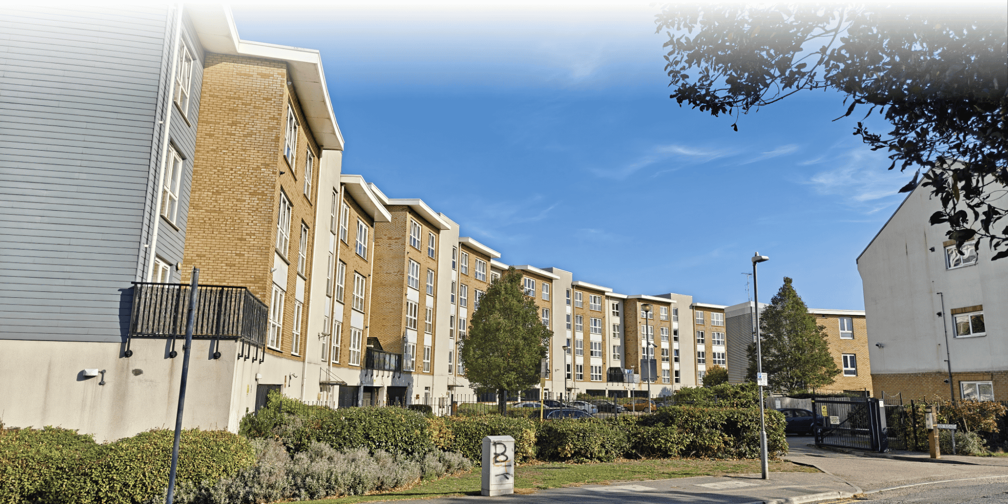 set of apartment blocks in gray and blue