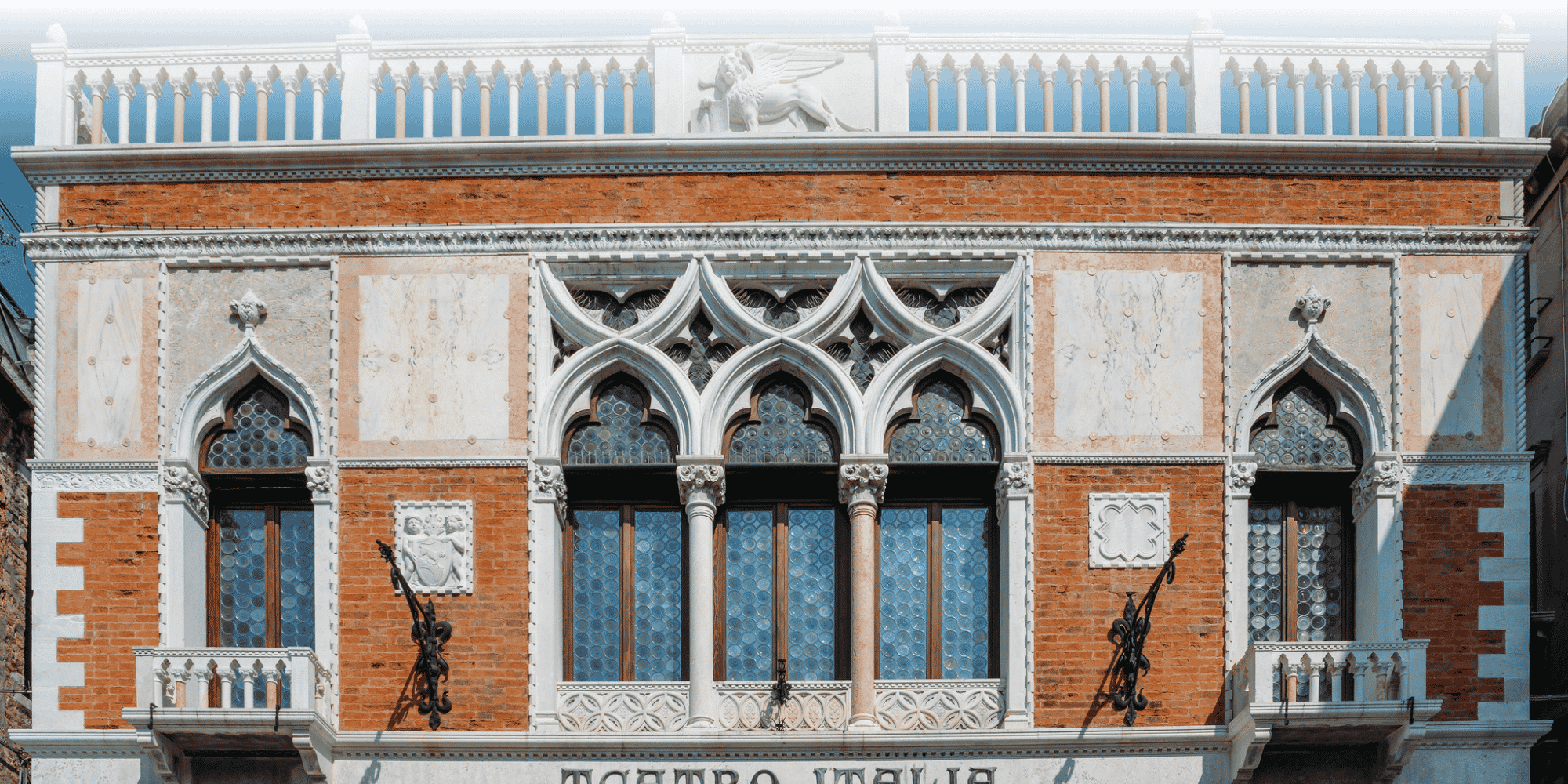 Teatro Italia, Venice — ornate Venetian Gothic façade with white marble tracery and red brick