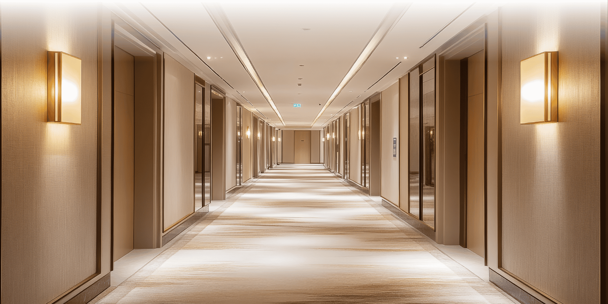 Corridoio simmetrico di un hotel con calde applique, pareti beige, moquette a motivi e porte chiuse che si susseguono in profondità.