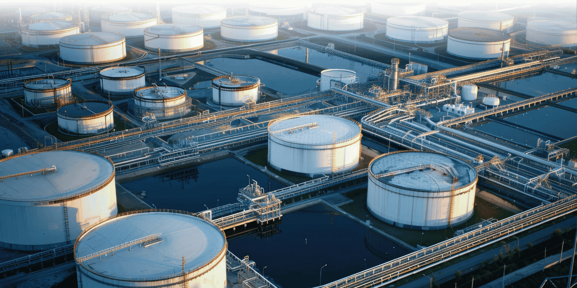 Aerial view of petrochemical site with cylindrical white storage tanks, pipelines, walkways and containment pools in warm evening light.