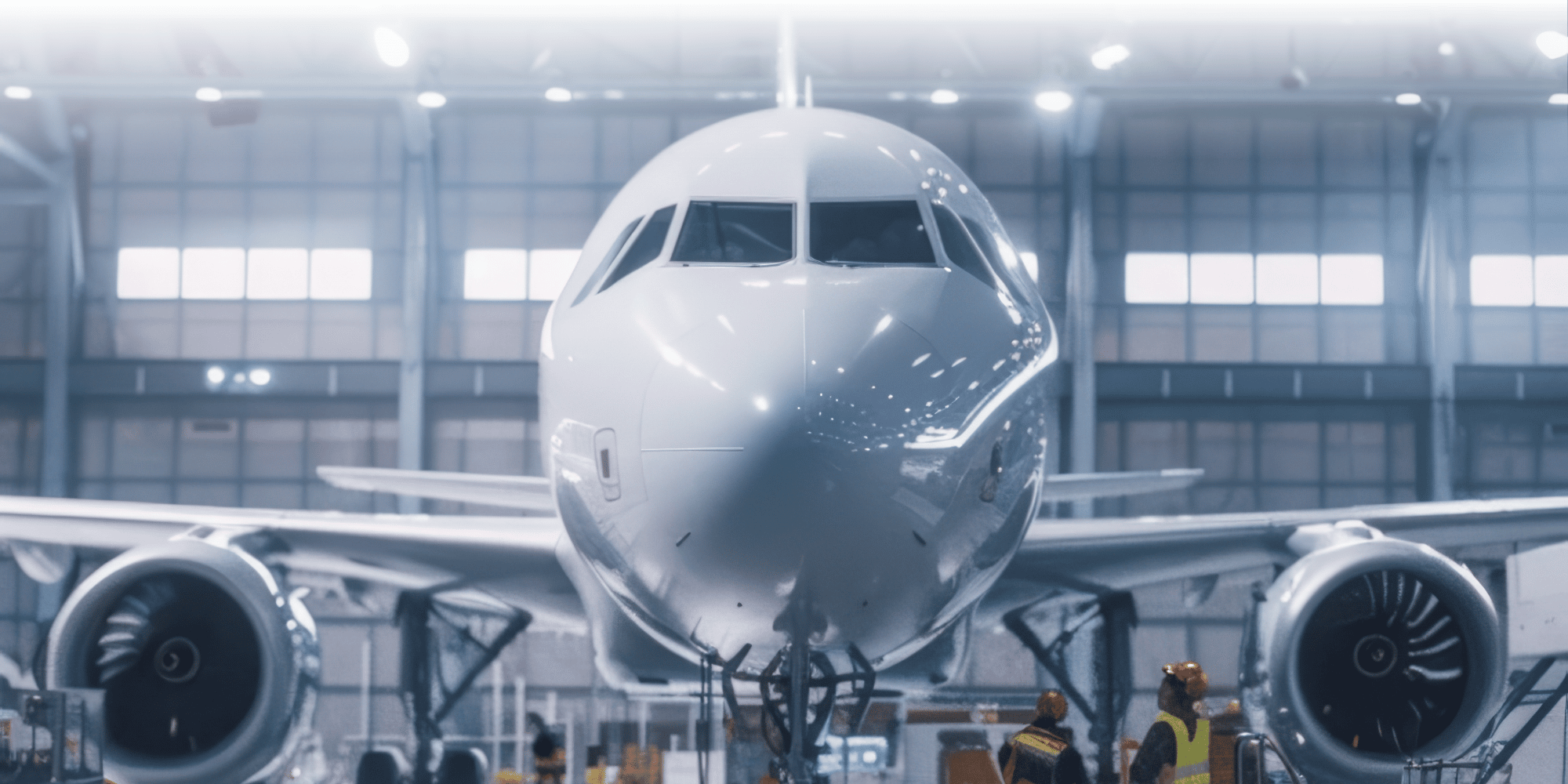 Un jet bimotore ripreso frontalmente in un hangar di manutenzione, circondato da tecnici con giubbotti ad alta visibilità e caschi di protezione, accanto ad attrezzature di supporto a terra.
