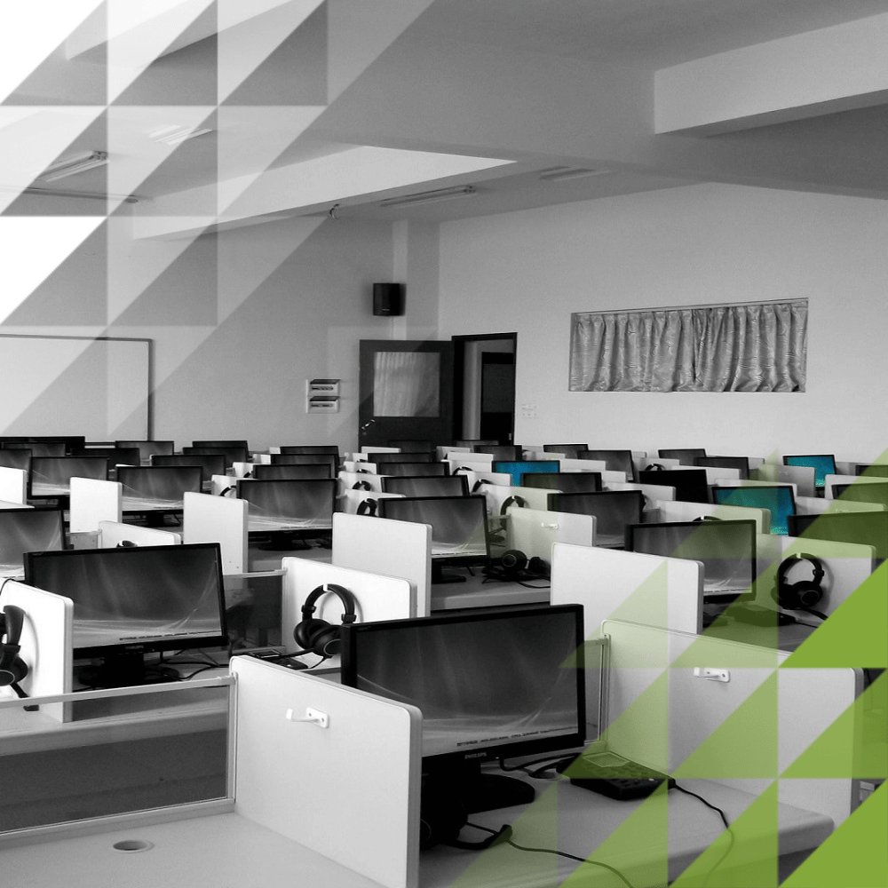 large black and white computer room within a school