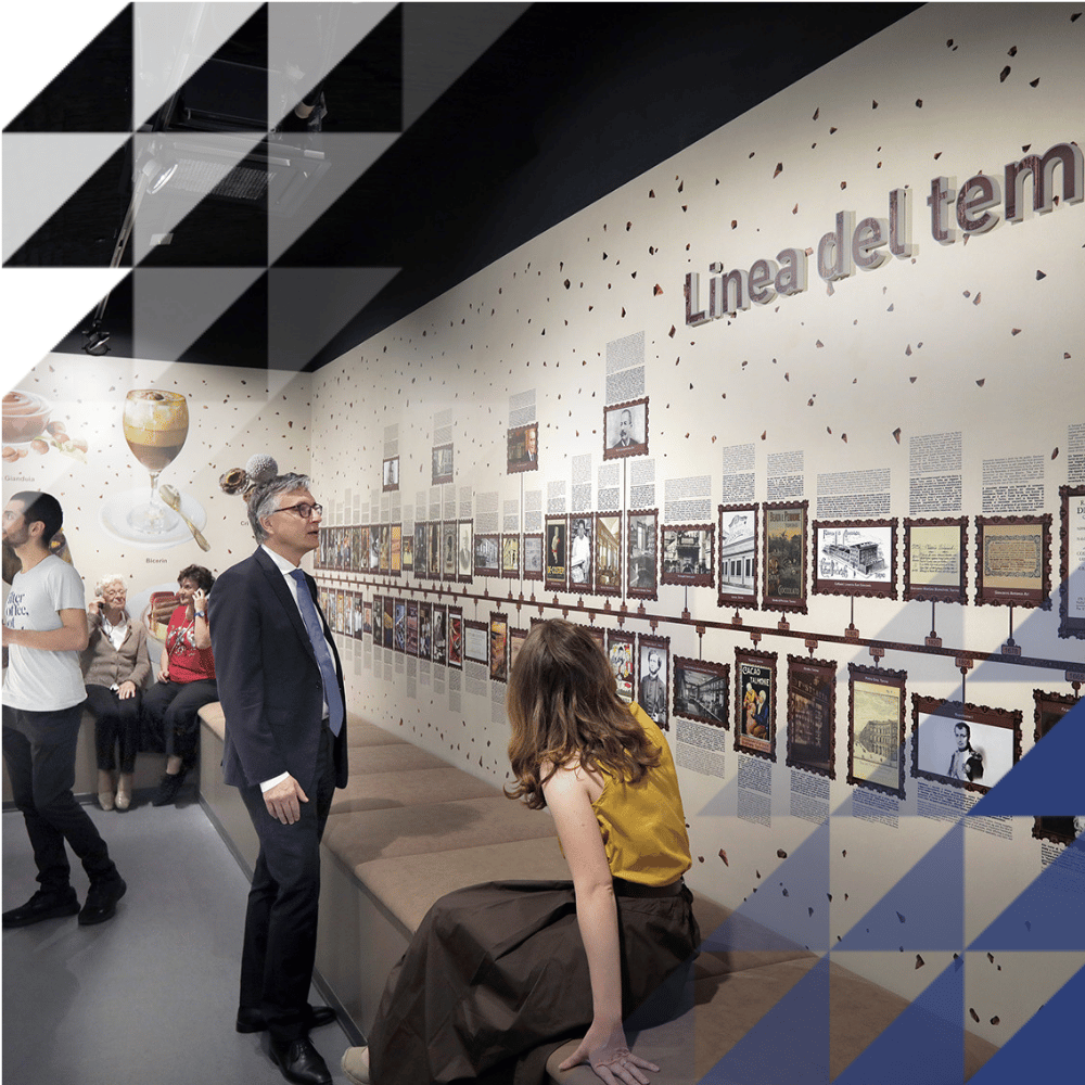 Timeline of the chocolate museum with smartly dressed visitors looking at it