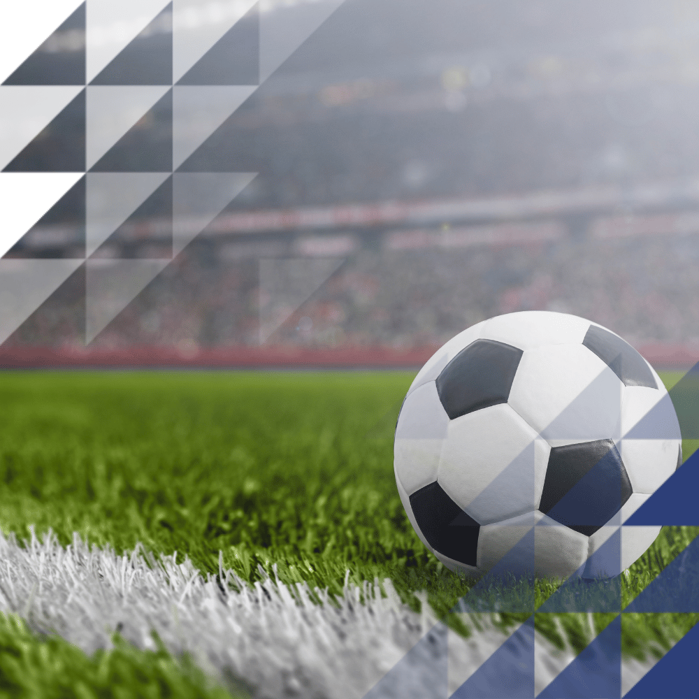 Black and white football on grass beside a white line, with a packed stadium blurred in the background.