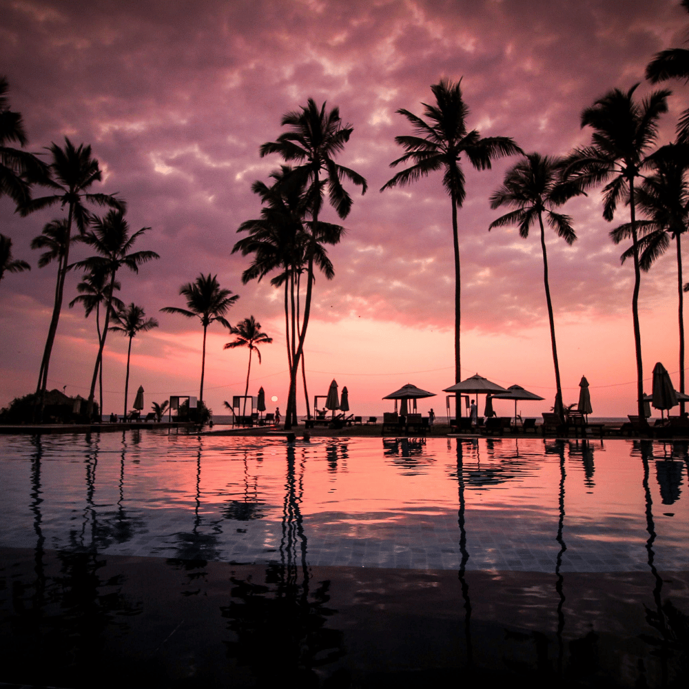 A luxury hotel infinity pool at sunset, with silhouetted palm trees and parasols reflected in the still water against a dramatic pink and purple sky.