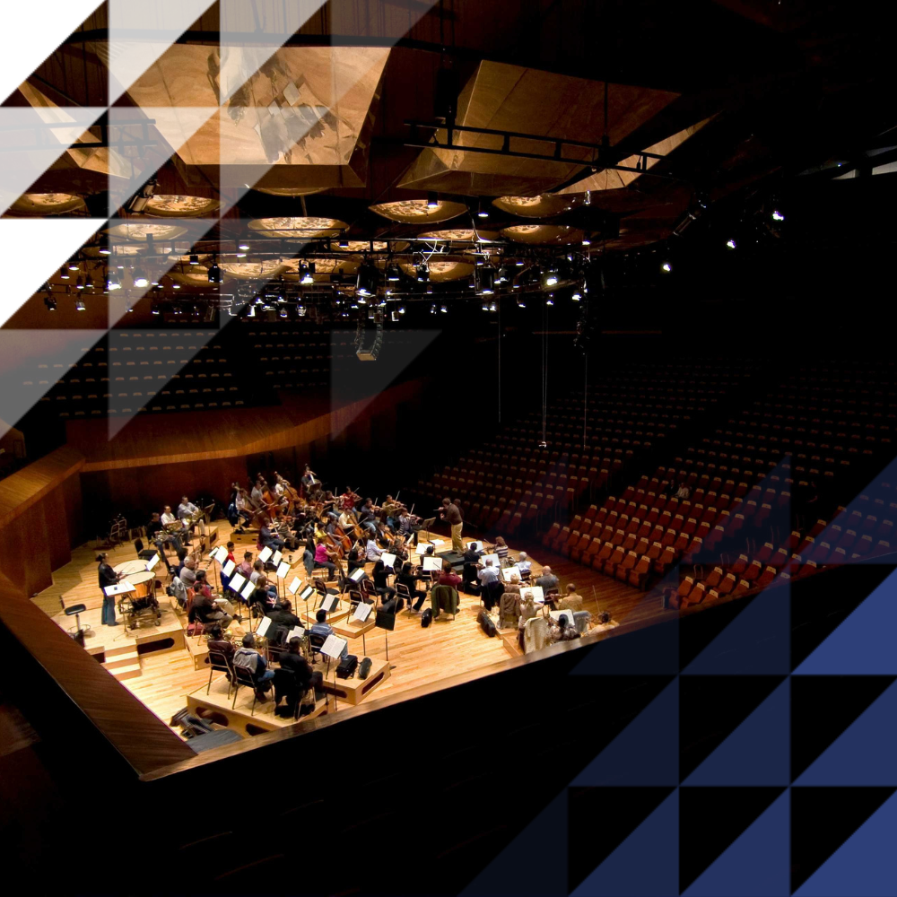 Large orchestral hall with musicians in the centre with dim lighting