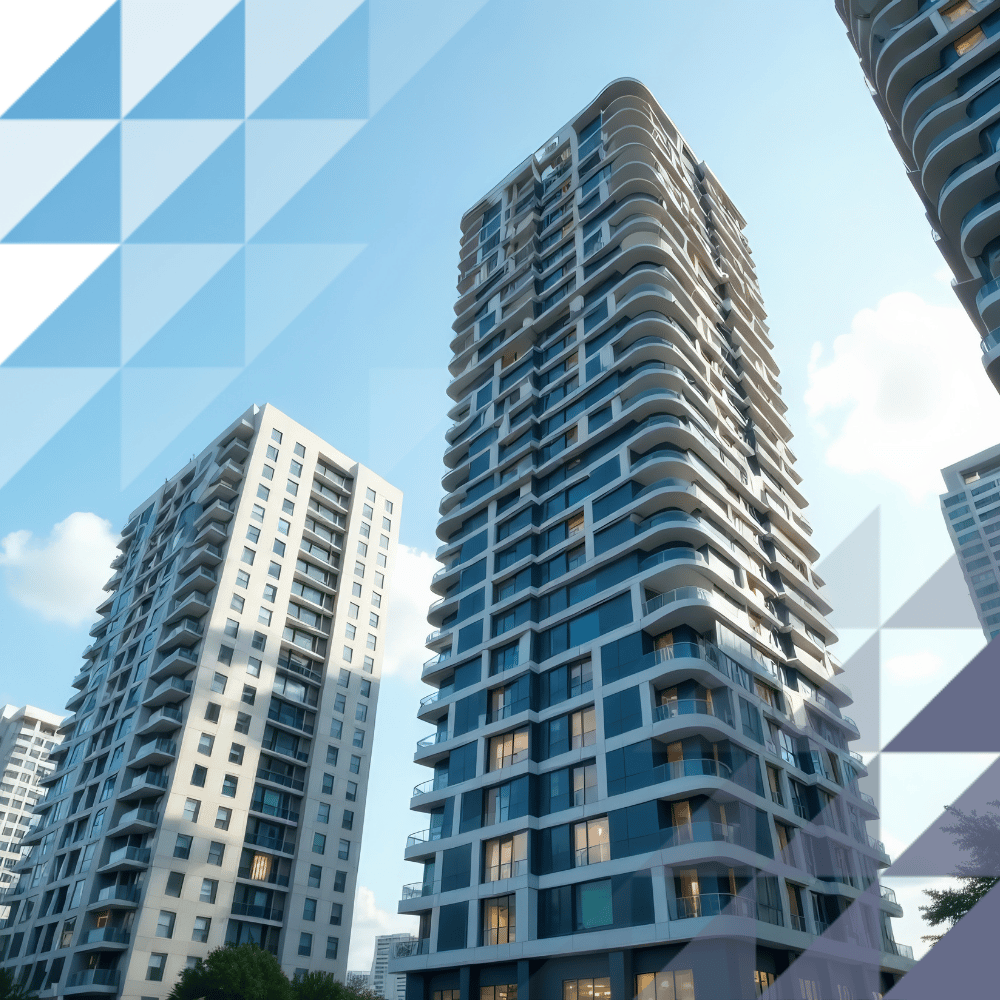 Low-angle view of modern high-rise residential towers with curved balconies and glass facades against a blue sky, with trees below.