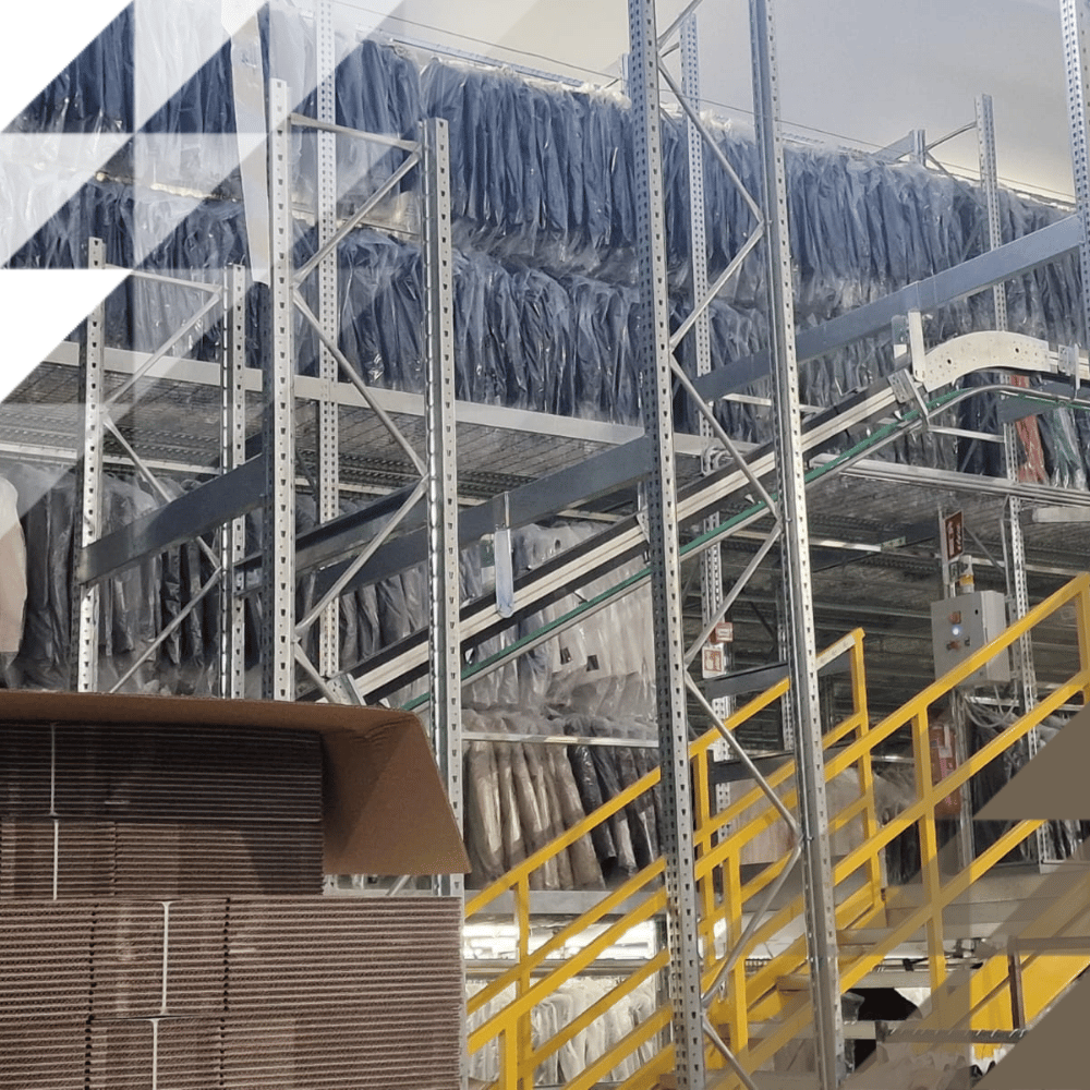 Steel piping around a warehouse racking system