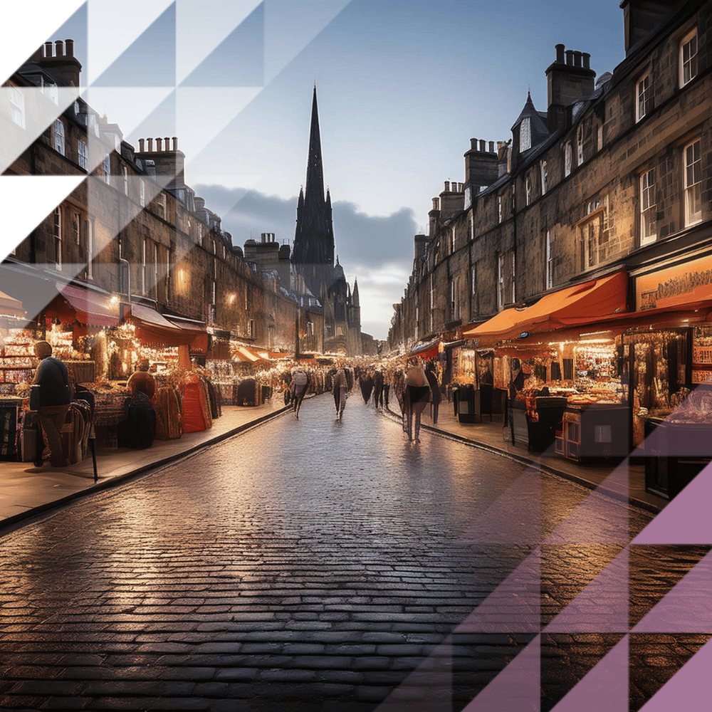 People walking along a wet cobblestone street flanked by glowing market stalls and stone tenement buildings, with a tall church spire rising in the background at twilight.