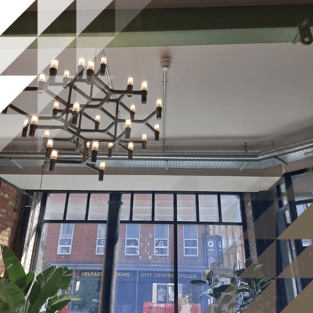 A branching, multi-bulb ceiling chandelier hangs from a high white ceiling near large industrial-style windows, with potted plants below and street-level shops visible outside, including signage for 