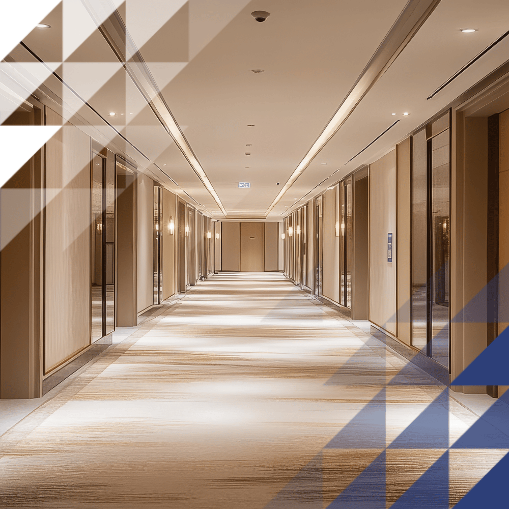 Corridoio simmetrico di un hotel con calde applique, pareti beige, moquette a motivi e porte chiuse che si susseguono in profondità.