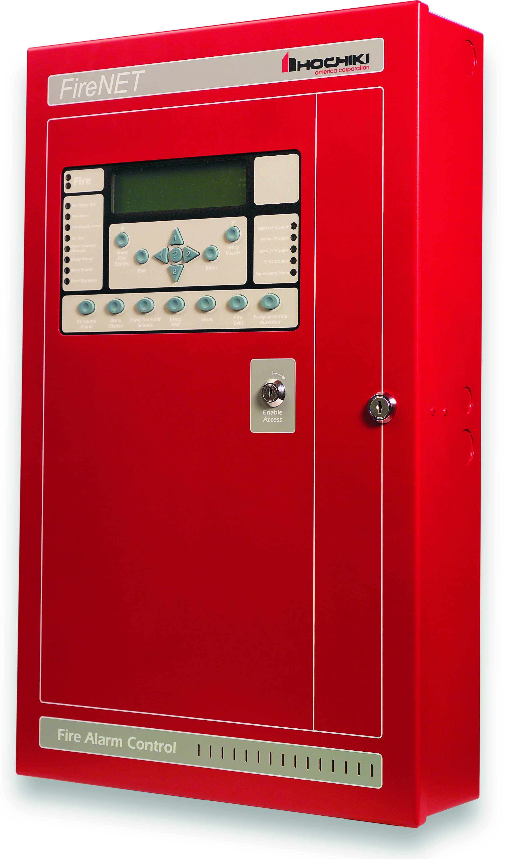 The Hochiki America Corporation FireNET fire alarm control panel, housed in a red metal enclosure with an LCD display, navigation controls, status indicators and a key-operated Enable Access switch.