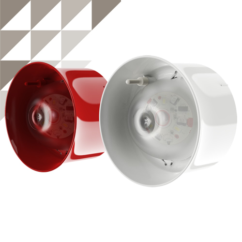 Two fire alarm audible-visual warning devices in red and white, each with a visible LED strobe inside the horn, against a white background.