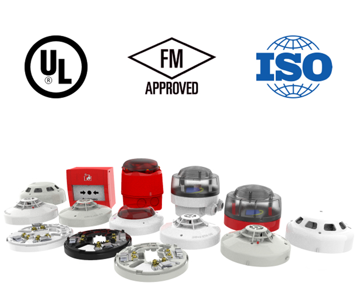 fire alarms with UL, FM approved and ISO logos